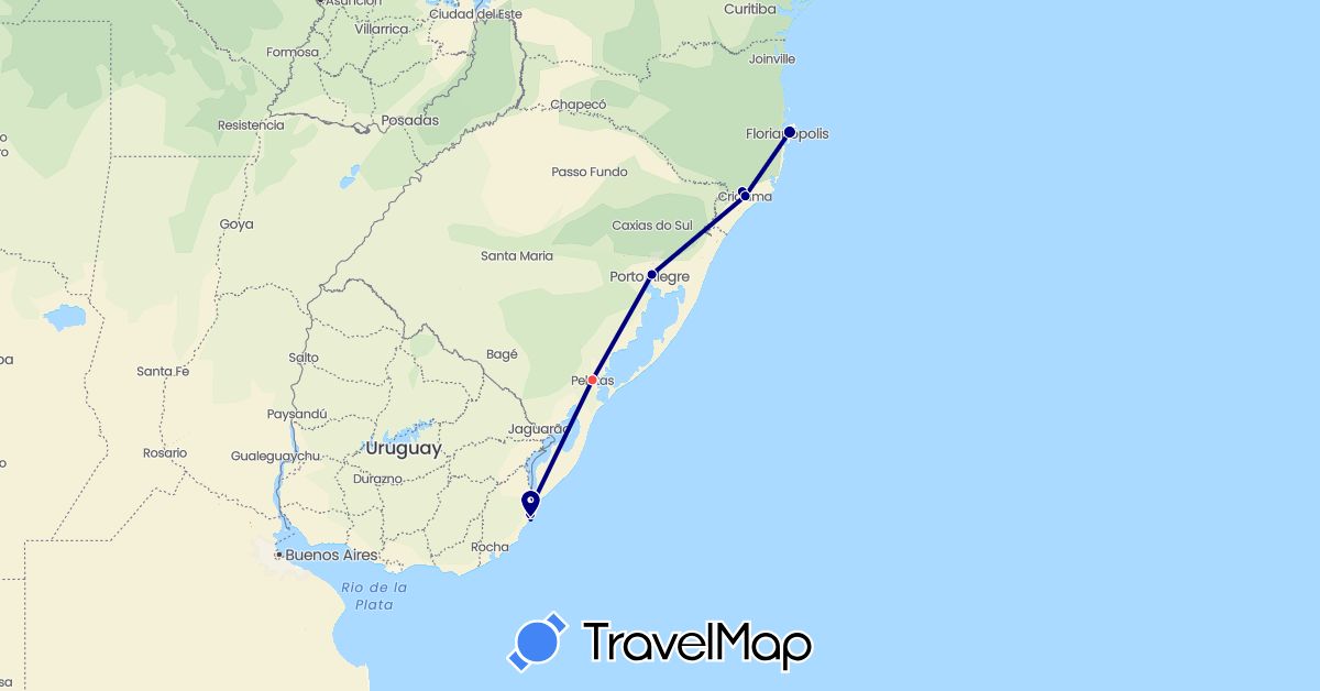 TravelMap itinerary: driving, hiking in Brazil, Uruguay (South America)